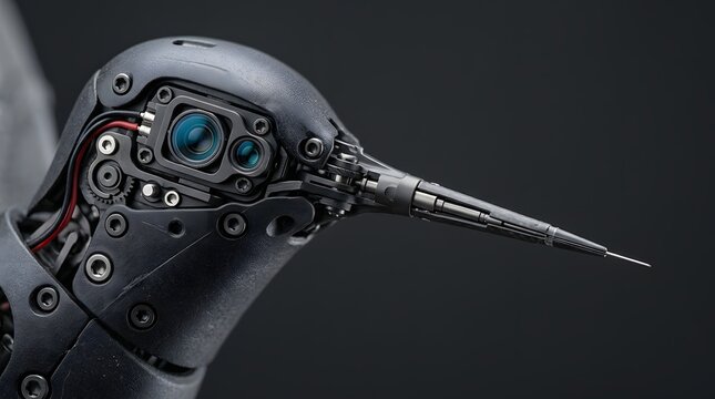 Macro Close-Up of Robotic Hummingbird Head Highlighting Camera Eye and Sensors