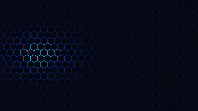 Abstract dark blue background with glowing hexagonal pattern and honeycomb texture.