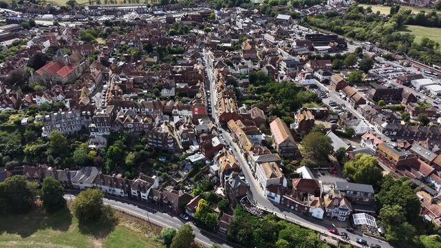 Rye, England, UK - August 31st 2026: Aerial view of Rye, East Sussex, showcasing the historic medieval town and landmark St Marys Church for tourism and architecture.