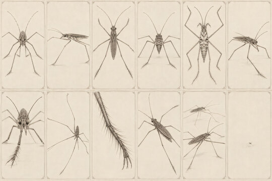 Vintage entomological water strider specimen card collection with elegant antique engraving, graphite linework, delicate crosshatching, scientific insect studies, natural history stationery design