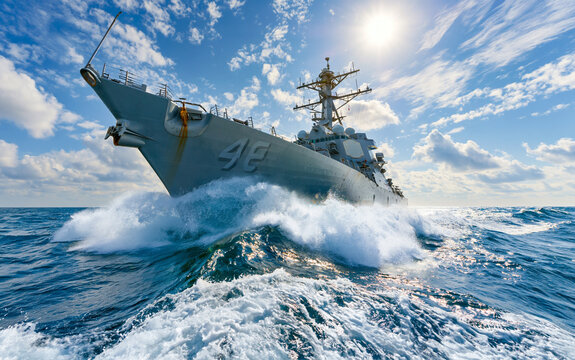 Sleek Guided-Missile Destroyer Navigating Through Bright Blue Ocean Waters