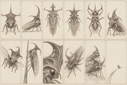 Antique treehopper specimen collection with detailed entomological engravings, sculptural pronotum, delicate linework, vintage scientific illustration, ivory paper stationery design