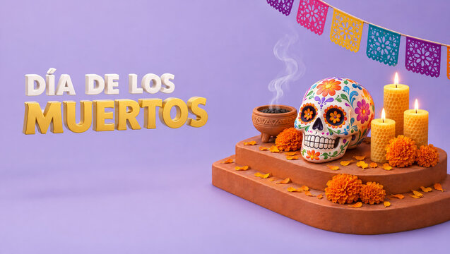 Three dimensional sugar skull and candles on a Day of the Dead altar