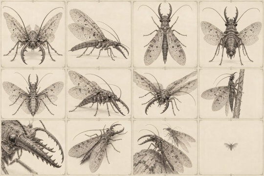 Antique Dobsonfly Specimen Collection on Vintage Entomological Cards with Detailed Engraving, Veined Wings, Long Antennae and Mandibles in Elegant Monochrome Botanical Illustration Style
