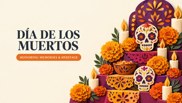 Paper cut Day of the Dead ofrenda with skulls candles and marigolds