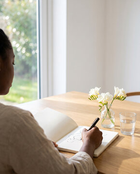 Woman writing in a journal at a sunlit breakfast nook