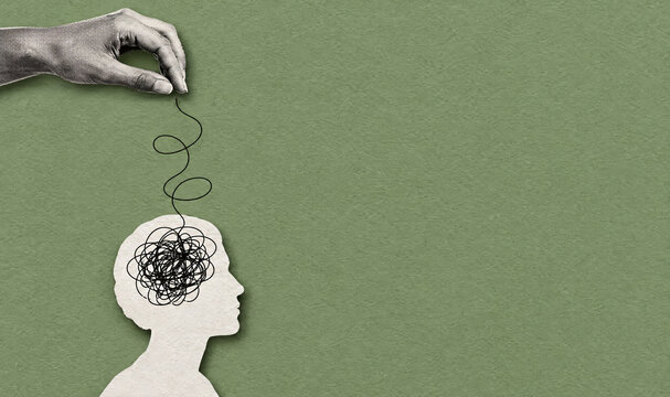 Hand guiding a tangled thread from a head silhouette in a green collage