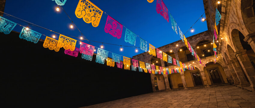 Colorful papel picado banners hanging across a courtyard at blue dusk