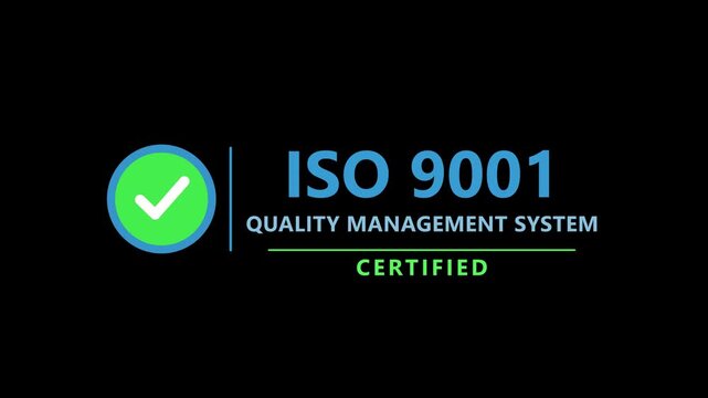 Animated ISO 9001 quality management system certified badge with green checkmark on dark and light versions. Motion graphic for standards compliance and auditing.