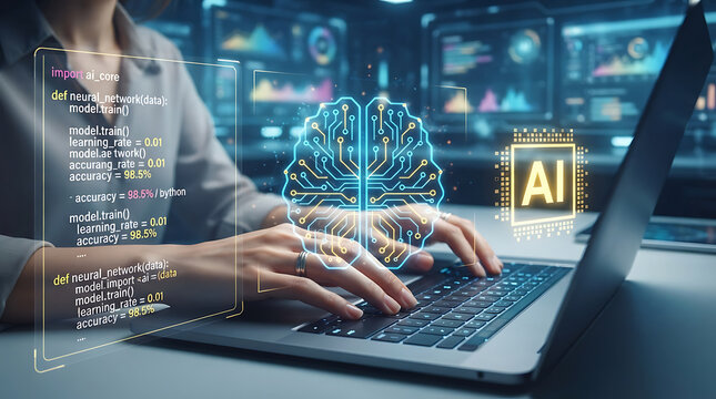 Woman coder developing machine learning software with holographic brain and code overlays.