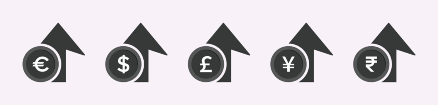 Price increase vector icons symbols. Dollar, Pounds, Yen, Rupee, Euro rate rise icon signs set