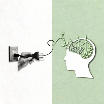 Hand unplugging a socket in a green energy saving collage