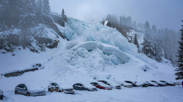 An ice avalanche from the slope crashed onto the parking lot, partially burying and blocking the parked cars. Photo with space for text.