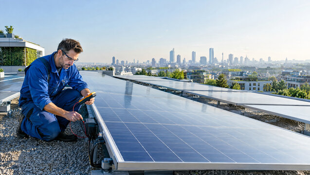 Solar panel technician working on a residential rooftop