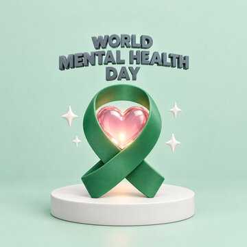 Green ribbon enclosing a glowing heart on a three dimensional stage