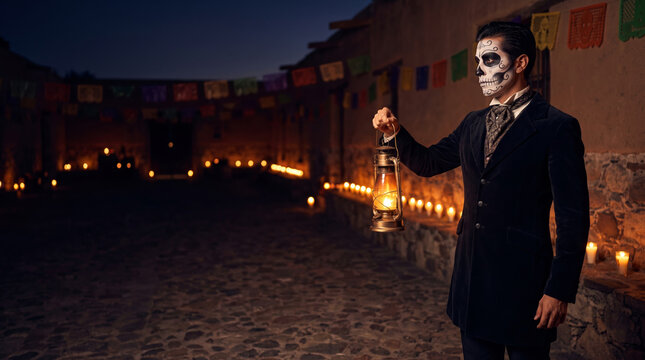 Catrin performer in formal Day of the Dead costume in a candlelit courtyard