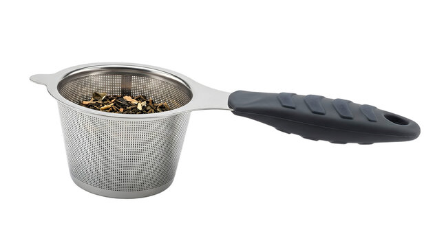 Elegant metallic tea infuser with open lid revealing loose leaves, concept for mindful breathing techniques and relaxation practices, wellness retreats and meditation sessions