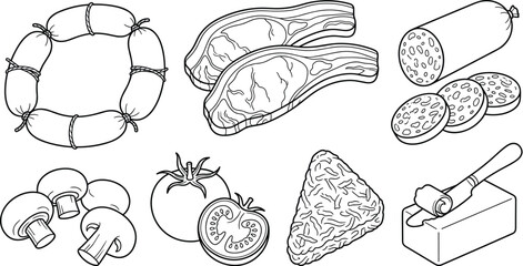Obraz premium Butcher Meat Ingredients Vector Icon Set with Steak Sausages Salami Mushrooms Tomatoes Hashbrown and Butter Outlines for Coloring Books and Menu Designs
