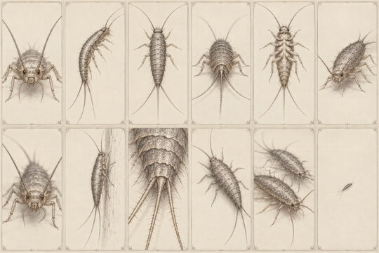 Antique firebrat specimen card collection with twelve insect views, engraved graphite linework, crosshatching, ivory paper, vintage entomology illustration for stationery and editorial design