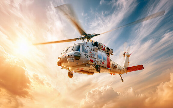 Military Medical Evacuation Helicopter Flying Through a Bright Sunlit Sky