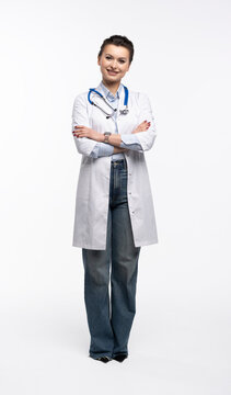 Portrait of pretty positive lady doctor with empty space blank isolated on white background.
