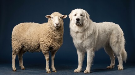 Obraz premium A sheep and a great pyrenees dog standing side by side against a solid dark blue studio background