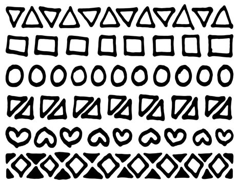 Set of hand drawn geometric shapes including triangles squares circles and heart doodle icons