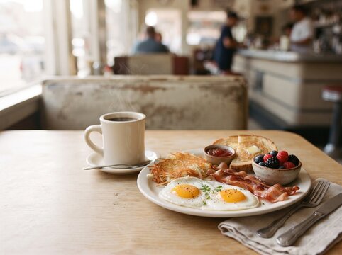 Classic American diner breakfast with eggs bacon toast and hash browns