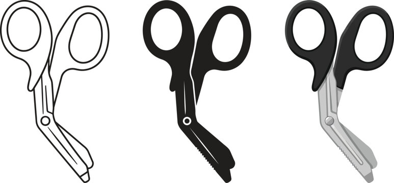 Medical trauma shears vector set, professional emergency scissors icons, three surgical bandage scissors in outline and silhouette styles