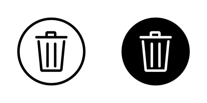 Trash can delete icon set in black and white circle style for digital user interface design