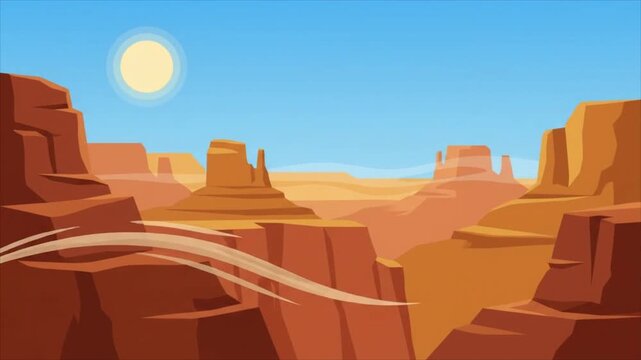 Animated Desert Landscape with Blowing Sand and Rocky Canyons.