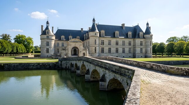 Majestic Medieval Stone Palace with Moat Bridge