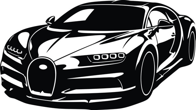 Detailed black and white vector silhouette of an aggressive luxury hypercar front quarter view.