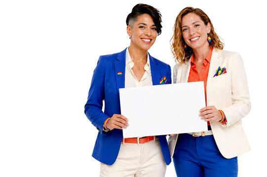Two smiling women holding blank white sign together, isolated on transparent background. Diversity, inclusion, corporate pride, advertising.