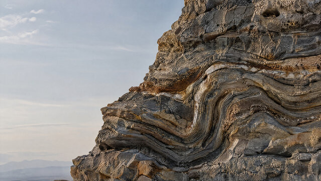 Folded rock strata texture on a layered cliff face in a mountain landscape  