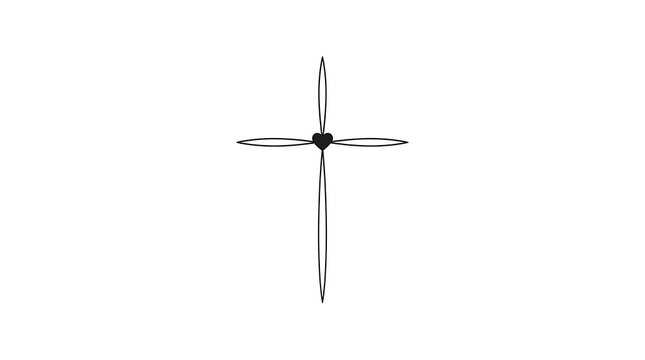 Minimalist Christian cross featuring delicate petals and a tiny black heart shape illustration