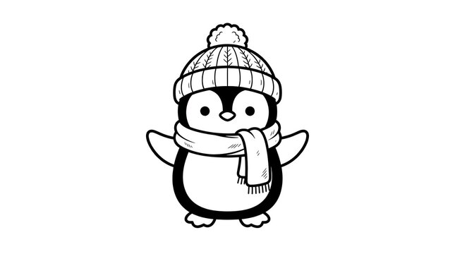 Cute little penguin wearing winter hat and scarf illustrated as a black and white coloring page