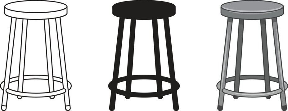 Minimalist bar stool vector set, three laboratory stool icons in outline and silhouette styles, modern kitchen counter stool illustrations