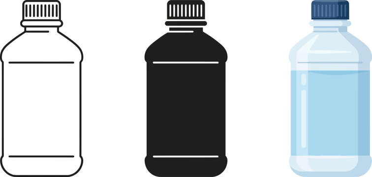 Plastic bottle vector icons in three styles, outline and silhouette liquid container set, blue water bottle illustration for medical or hydration