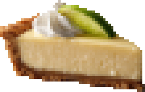 Refreshing key lime pie slice with whipped cream and lime garnish for culinary marketing - transparent background png. Pixel art, 8-bit, transparent background