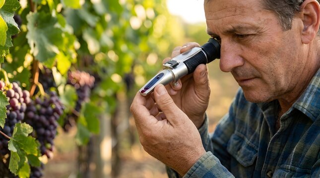 Professional Winemaker Checking Grape Sugar Levels with Refractometer