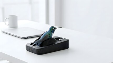 Fototapeta premium Bionic Hummingbird Drone Resting on Charging Base