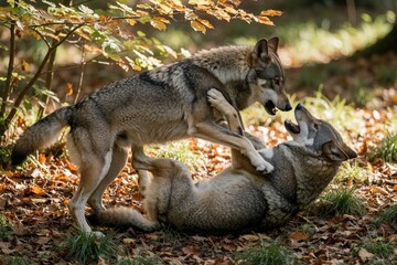 Obraz premium Two wild Italian wolves fight in autumn forest. Grey predators play battle on ground covered with fallen leaves. Canis lupus mammal shows aggression, natural behavior among trees during fall season