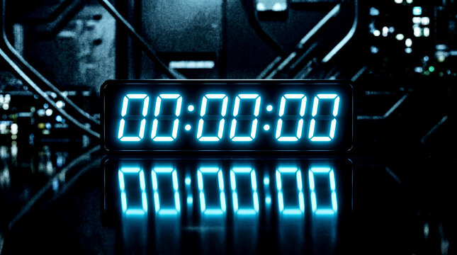 Digital clock 00 00 00 neon blue midnight countdown futuristic abstract stock