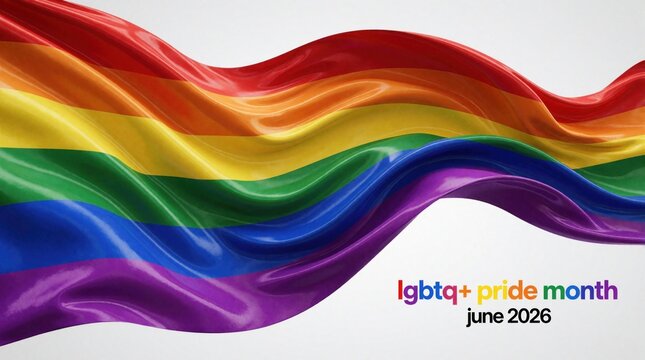 Wavy rainbow pride flag with bright colors flows on white background. Vibrant LGBTQ pride month banner for June 2026 celebration. Colorful silk texture represents diversity, equality, inclusion for
