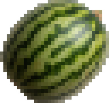 Whole watermelon isolated on white background for food design and marketing - transparent background png. Pixel art, 8-bit, transparent background