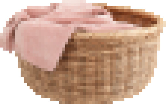 Wicker laundry basket with soft pink towel for home organization and decor. Pixel art, 8-bit, transparent background