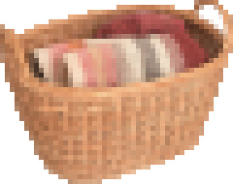 Wicker laundry basket with colorful folded towels for home decor and storage solutions. Pixel art, 8-bit, transparent background