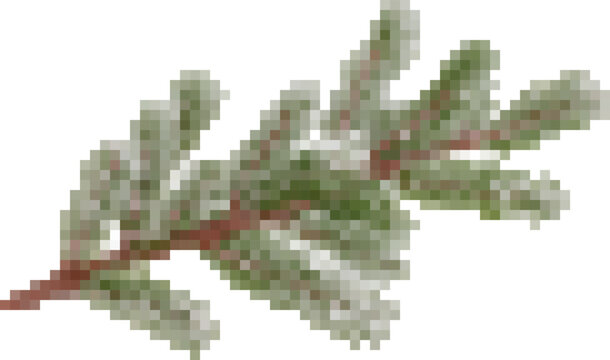 Winter-themed pine tree branch for seasonal designs and holiday decor. Pixel art, 8-bit, transparent background