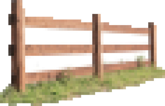 Wooden farm fence isolated on white background for rustic design projects. Pixel art, 8-bit, transparent background